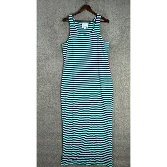STS Sail to Sable Maxi Dress Size Medium Green/Navy Striped Racerback Side Slits - Picture 1 of 9